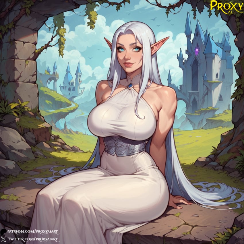 ai_generated ass big_breasts bimbo blue_eyes cleavage curvaceous curvy cute dress elf elf_ears elf_female fantasy female female_only large_ass large_breasts light-skinned_female light_skin moon moonlight pale-skinned_female pale_skin partially_clothed pool proxyaiart solo vaeri