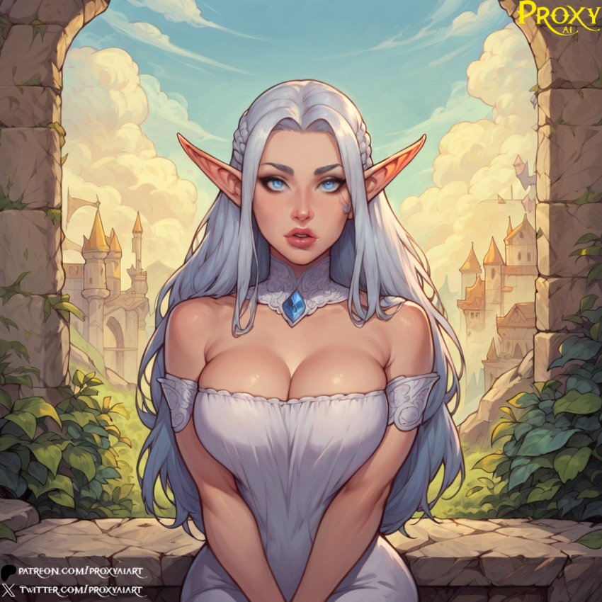 ai_generated ass big_breasts bimbo blue_eyes breasts cleavage curvaceous curvy cute dress elf elf_ears elf_female fantasy female female_only large_ass large_breasts light-skinned_female light_skin moon moonlight pale-skinned_female pale_skin partially_clothed pool proxyaiart solo vaeri