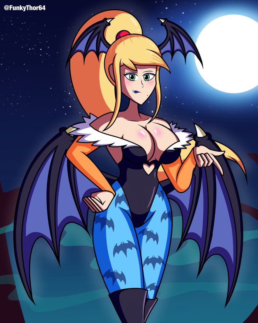 aqua_eyes bat_wings blonde_hair breasts capcom cleavage cosplay crossover curvaceous darkstalkers female funkythor64 hand_on_hip inviting large_breasts leotard lipstick long_hair metroid milf mole moon morrigan_aensland morrigan_aensland_(cosplay) night nintendo palette_swap pantyhose ponytail revealing_clothes samus_aran seductive seductive_look seductive_smile skimpy_clothes solo tagme thighhighs wings