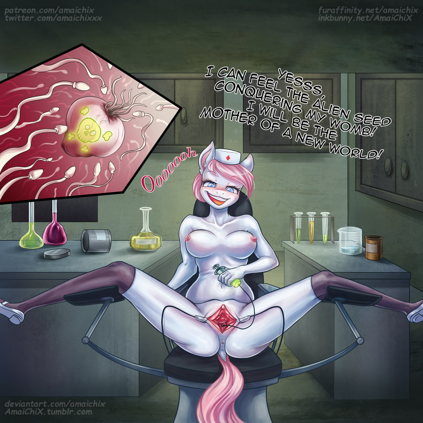 1:1 absurd_res amaichix anthro anus artificial_insemination blue_eyes breasts clothing deviantart_username dialogue english_text equid equine female furaffinity_username hi_res horse impregnation inkbunny_username legwear mammal my_little_pony nipples nurse nurse_redheart open_mouth ovum ovum_with_face patreon_username pony pussy socks spread_legs spread_pussy spreading text thighhighs tumblr_username twitter_username vaginal_insertion x-ray