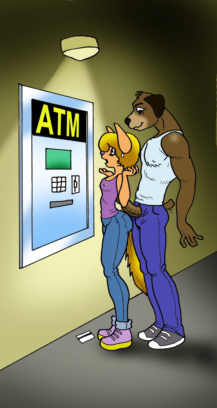 absurd_res anthro blonde_hair canid canine canis clothed clothing crime domestic_dog erection female fur hair hi_res humanoid_penis male mammal muscular muscular_male open_mouth pecs penis robbery smile standing topwear