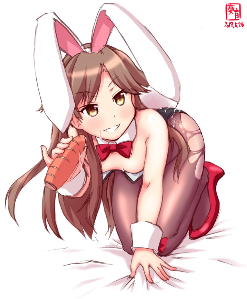 all_fours alternate_costume animal_ears arashio_(kantai_collection) artist_logo bare_shoulders black_leotard blush bow bowtie breasts brown_legwear bunny_ears bunny_girl bunny_tail bunnysuit carrot cleavage commentary_request covered_navel cowboy_shot cum dated detached_collar fake_animal_ears female high_heels highres kanon_(kurogane_knights) kantai_collection leotard looking_at_viewer pantyhose signature simple_background smile solo strapless strapless_leotard tail torn_clothes torn_legwear white_background wrist_cuffs