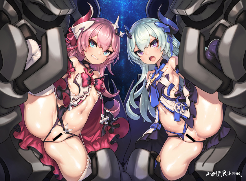 2girls anus aqua_hair bar_censor bare_shoulders black_panties blue_eyes blush breasts censored choker clenched_teeth eyebrows_visible_through_hair female female_only frilled_jacket hair_between_eyes hair_ribbon honkai_(series) honkai_impact_3rd horn liliya_olenyeva long_hair looking_at_viewer multiple_girls navel open_mouth panties pink_hair purple_eyes pussy restrained ribbon rikume rozaliya_olenyeva siblings signature sisters small_breasts spread_legs tail tearing_up teeth thick_eyebrows thighhighs twins underwear white_legwear