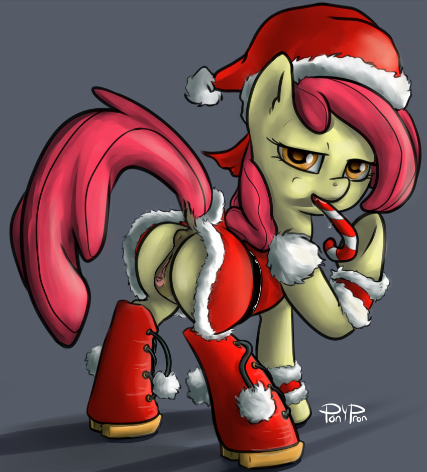 2013 animal_genitalia animal_pussy anus apple_bloom_(mlp) ass candy candy_cane christmas clothing earth_pony equid equine equine_pussy female feral food friendship_is_magic grey_background hair half-closed_eyes hat headgear headwear hi_res holidays horse looking_at_viewer mammal my_little_pony pony ponypron pussy saliva santa_hat simple_background solo young