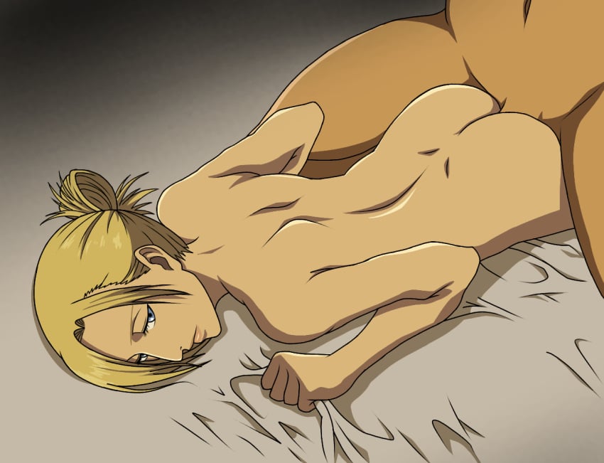 1boy 1girls anal anal_sex annie_leonhardt ass attack_on_titan bed blonde_hair blue_eyes butt codexxx_(artist) eye_contact in_bed kneeling looking_back lying nude on_bed penetration prone_bone seductive_look sex sheet_grab shingeki_no_kyojin tied_hair