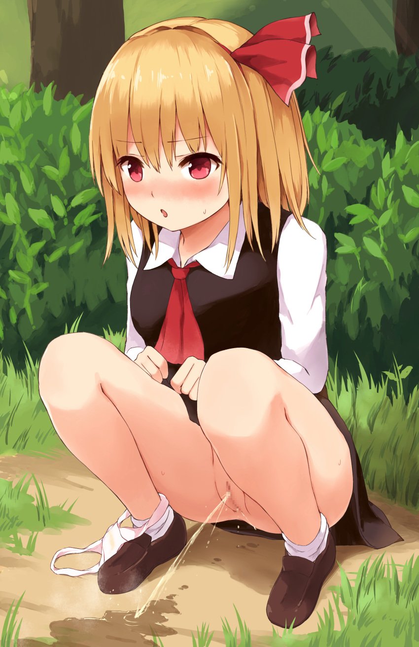 absurdres ascot bangs black_skirt black_vest blonde_hair blush breasts brown_footwear bush censored clear_urine clothing commentary_request eyebrows_visible_through_hair female forest full_body grass hair_between_eyes hair_intakes hair_ribbon highres loafers long_sleeves looking_at_viewer mosaic_censoring nature no_panties nose_blush outdoors panties panties_around_one_leg parted_lips peeing pussy red_eyes red_neckwear red_ribbon ribbon rumia shadow shirt shoes short_hair skirt skirt_set small_breasts socks solo squatting sweat techi_(techi35499) thighs touhou tree underwear urine vest white_legwear white_panties white_shirt