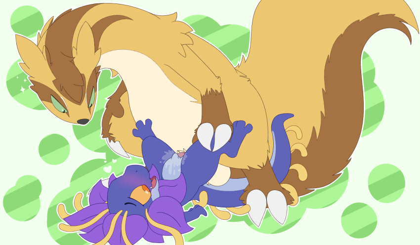 1boy 1girls 2019 abstract_background alternate_color big_claws blue_skin brown_fur claws dragon duo female feral flora_fauna floraverse frilled_petal_dragon fur furry graedius_(artist) graedius_(linoone) green_eyes interspecies larger_male linoone male mammal nintendo nude nymlus original_character penetration plant pokémon_(species) pokemon pokemon_rse pussy_juice simple_background size_difference smaller_female straight tan_fur testicles thick_thighs vaginal_penetration video_games wide_hips yellow_eyes