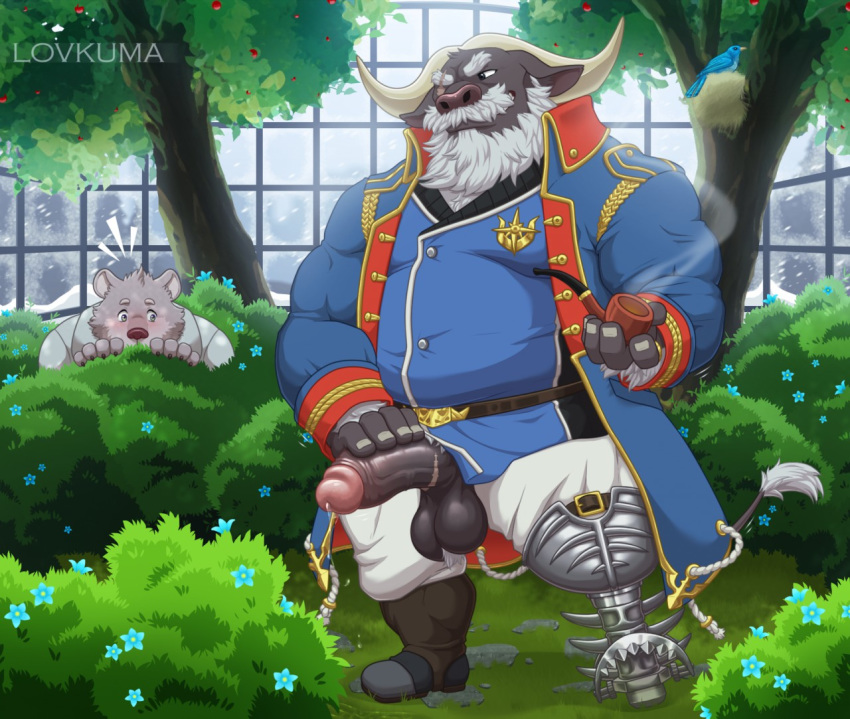 ahab_(tokyo_afterschool_summoners) amputee balls beard blush bovid bovine caught facial_hair fur furry gay greenhouse horn humanoid_penis jambavan looking_at_another lovkuma male male_only mammal moustache peeing peeing_in_bush peeping penis pipe plant shrub smoking tokyo_afterschool_summoners true_buffalo urine ursid video_games vivarium voyeurism water_buffalo yaoi