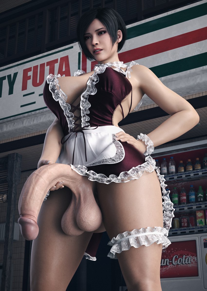 3d 3d_(artwork) ada_wong asian asian_female big_penis black_hair female_only futa_only futanari huge_breasts huge_cock massive_penis penis resident_evil resident_evil_2 stevencarson waitress