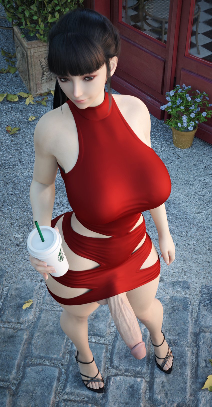 3d 3d_(artwork) asian asian_female black_body eve_(stellar_blade) female female_only futa_only futanari high_heels huge_breasts huge_cock massive_penis penis perfect_body red_dress stevencarson tight_clothing