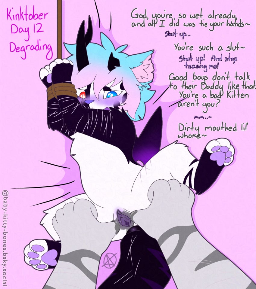 absurd_res anthro aroused black_cum blush bodily_fluids bound colored_cum cum daddy_kink degradation domestic_cat duo english_text felid feline felis freak_magic1369 furry genital_fluids genitals hands_tied hi_res hybrid hyena intersex intersex/male kinktober kinktober_2024 magic_(freak_magic1369) male male/male mammal nauru_(freak_magic1369) pussy spread_legs spread_pussy spreading text unusual_bodily_fluids unusual_cum unusual_genital_fluids vaginal_fluids