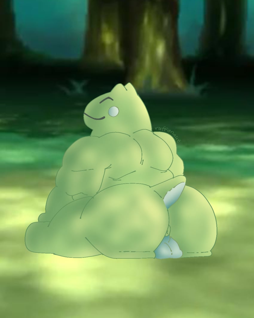 4:5 animate_inanimate anthro anthro_only anus ass balls big_ass doll forest genitals grass green_body hi_res huge_ass male nintendo pokemon rear_view ruffonaut_(artist) scalie small_tail smile solo substitute_doll tail thick_thighs tree wide_hips