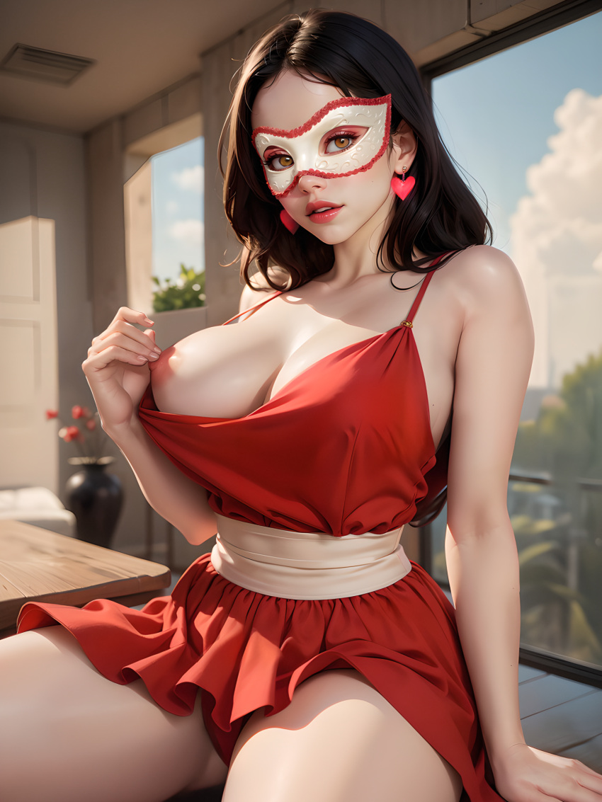 ai_generated brown_hair domino_mask drama_queen_(lust_goddess) lust_goddess mask masked_female nipple_play nipple_tweak nutaku red_dress