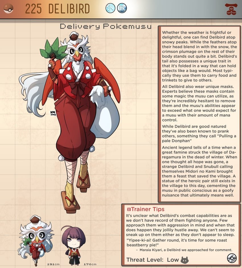 1boy 1girls bird_girl chibi delibird english_text female generation_2_pokemon hi_res human japanese_clothes kinkymation male monster_girl nintendo pokemon pokemon_(species) pokemorph pokemusu profile purple_hair text_box white_hair