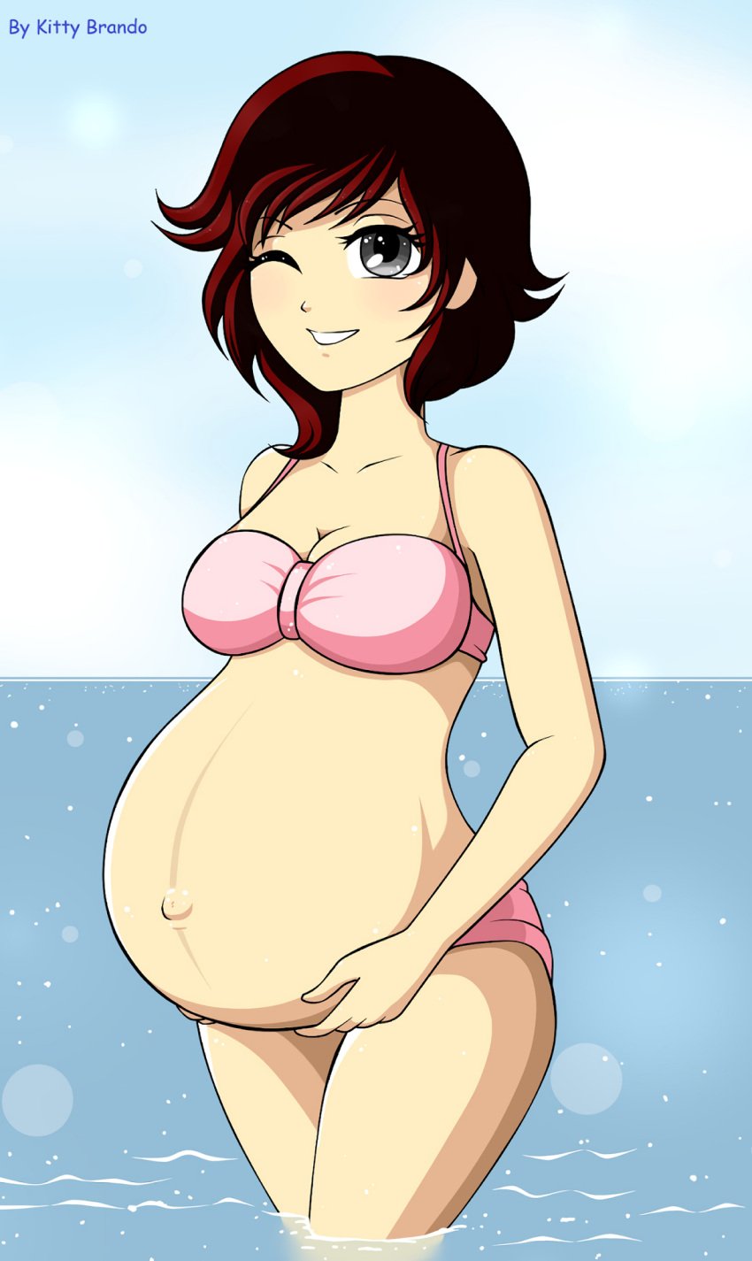 1girls big_breasts bikini blush breasts cleavage female holding_belly human hyper_belly kitty-versalles popped_navel pregnant ready_to_pop red_hair ruby_rose rwby silver_eyes thick_thighs viz_media water wide_hips wink