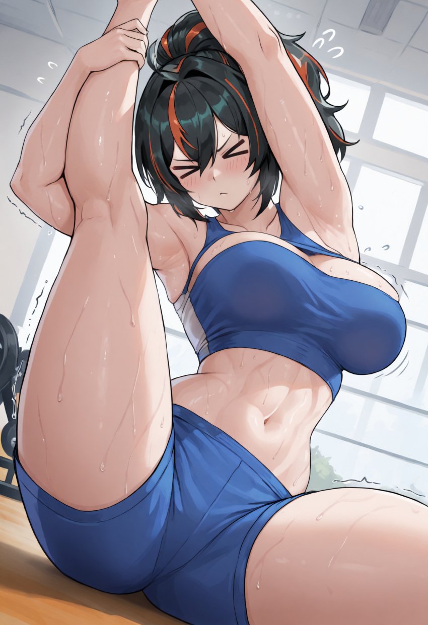 ai_generated armpits big_breasts cute flustered gym shy spread_legs stomach stretching sweat workout workout_clothes zenless_zone_zero zhu_yuan