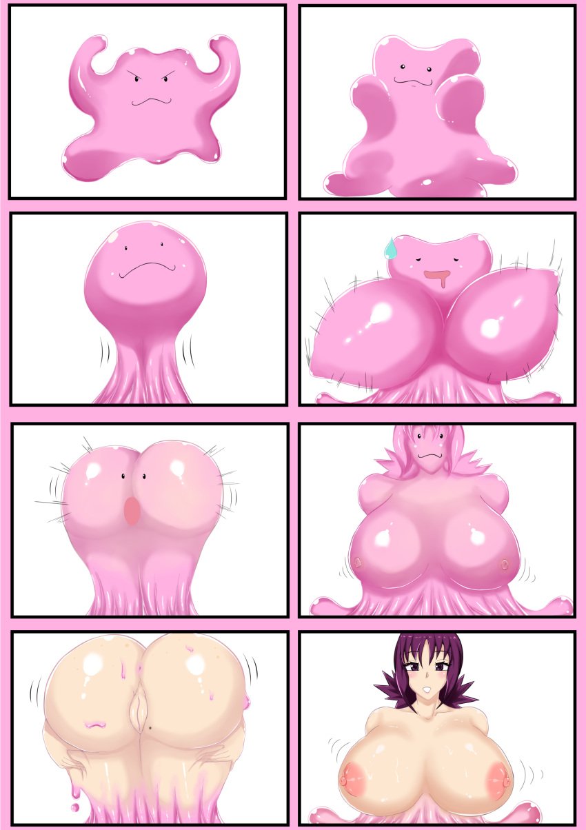 1girls 2019 ass ass_expansion bouncing_breasts breast_expansion breasts brown_eyes comic curvaceous ditto female female_only huge_ass huge_breasts human large_breasts motion_lines nintendo nude pale-skinned_female pale_skin philena_ivy pink_border pink_skin pokémon_(species) pokemon pokemon_(species) pokemon_professor pokemon_rgby pokephilia purple_eyes purple_hair shapeshifter shiftingfun short_hair slime slime_girl smile sweat thick_thighs transformation transformed_ditto wet white_background wide_hips