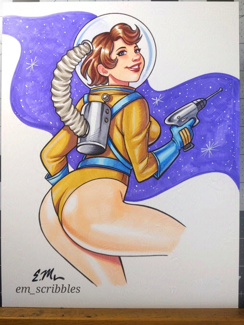 ass astronaut astronauts big_ass big_butt big_thighs breasts breasts_from_behind brown_hair butt_crack curvy curvy_body curvy_female curvy_figure cute em_scribbles gun leotard lips lipstick raygun retro retro_artstyle sci-fi science_fiction short_hair space space_background space_helmet spacesuit stars tagme thick_ass thick_thighs thighs traditional_art traditional_media traditional_media_(artwork)