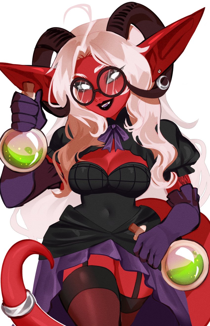 1girls absurd_res arm_gloves big_ears black_lipstick clothing dress female female_only garter_straps glasses goblin goblin_female gobtober gobtober_2024 horns long_hair looking_at_viewer maewix1 melissa_belladonna pointy_ears potion_bottle red_skin round_glasses smiling smiling_at_viewer solo stockings tail tail_ring tieflingmelissa_(vtuber) virtual_youtuber white_background white_eyes white_hair