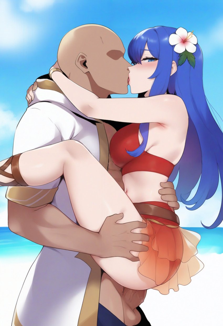 ai_generated bald_man bbc_slave beach beach_sex blue_hair caeda_(fire_emblem) caeda_(summer)_(fire_emblem) faceless_male fire_emblem fire_emblem_heroes grabbing_thighs hand_around_waist kiran_(fire_emblem)_(male) kissing kissing_while_penetrated legs_up nintendo penis_in_pussy swimsuit upstanding_citizen_position vaginal_penetration wrapping wrapping_around