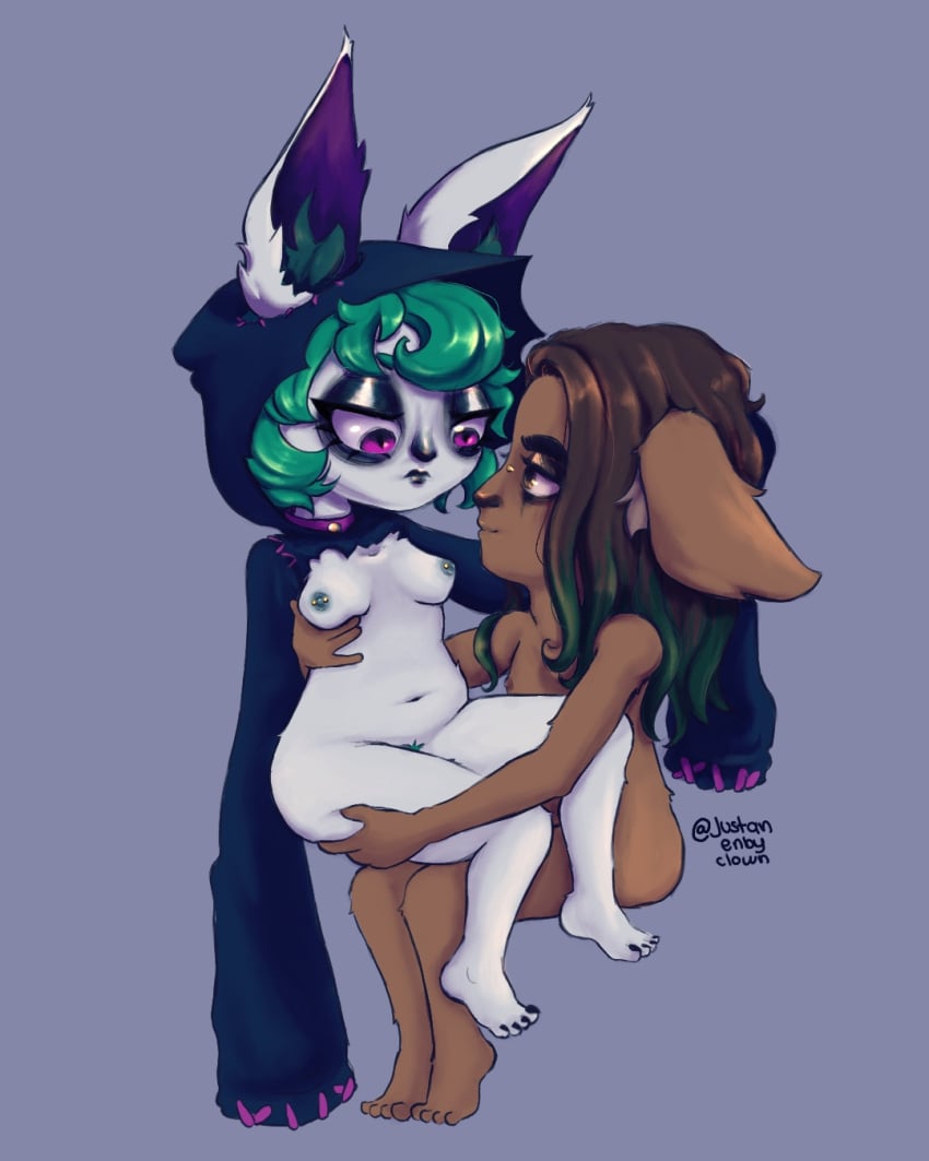 breasts bunny bunny_ears bunny_girl fur green_hair grimm_(legends_of_runeterra) lagomorph league_of_legends legends_of_runeterra nipple_piercing piercing purple_eyes rabbit_ears rabbit_girl riot_games straight vex_(league_of_legends) yordle