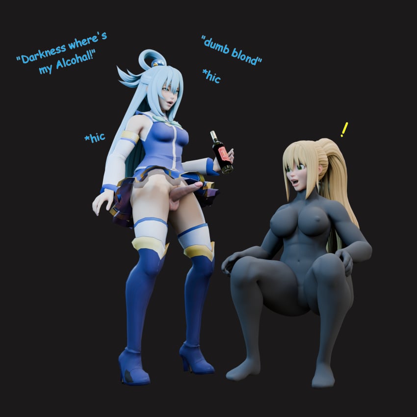 3d alcohol aqua_(konosuba) ass blonde_female blonde_hair bodysuit boobs breasts curvaceous curvy curvy_figure darkness_(konosuba) drunk fat_ass female futa_on_female futanari heperson kono_subarashii_sekai_ni_shukufuku_wo! penis penis_awe short_skirt skirt suggestive text thick thick_ass thick_thighs thighs uncensored upskirt voluptuous voluptuous_female