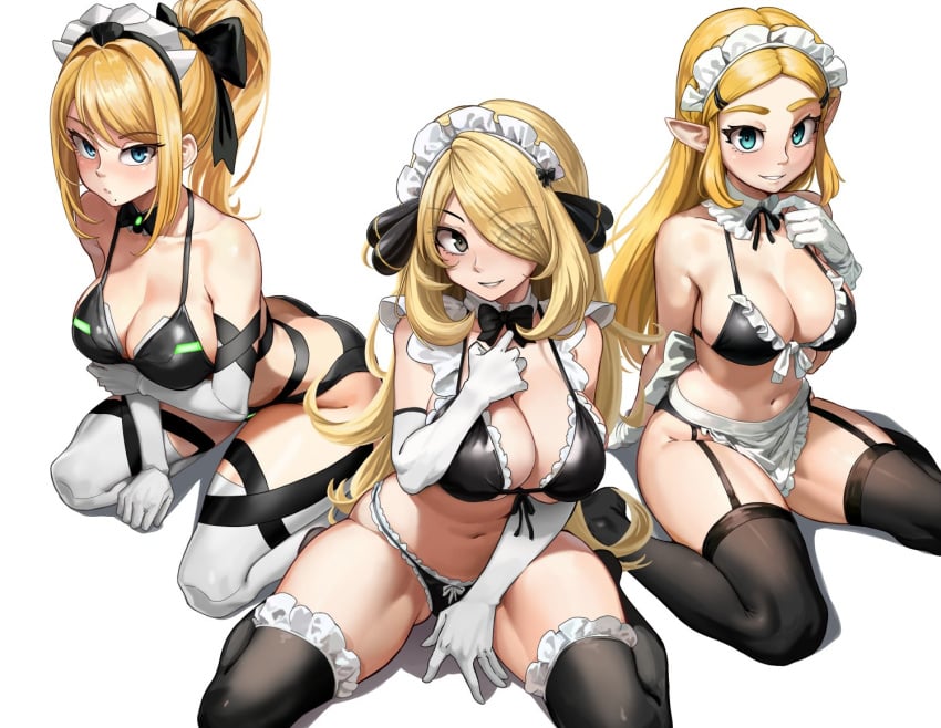 3girls apron bikini blonde_hair bow_tie breasts breath_of_the_wild cleavage collarbone company_connection crossover cynthia_(pokemon) elf_ears expressionless female_only femsub garter_straps gloves hair_covering_one_eye kneeling large_breasts laz_gm long_hair looking_at_viewer maid maid_headdress metroid mole multiple_girls multiple_subs navel nintendo opera_gloves pokemon pokemon_dppt ponytail princess_zelda ribbon samus_aran simple_background smile tagme the_legend_of_zelda thighhighs very_long_hair white_background