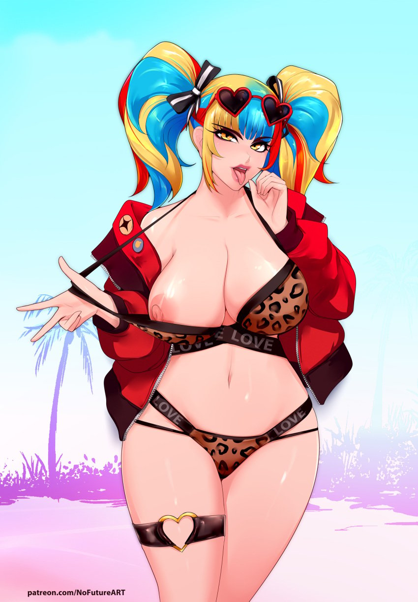 1girls areolae big_breasts bikini bikini_top_pull blonde_hair blue_hair breasts fate/grand_order fate_(series) female female_only heart_o-ring heart_sunglasses hi_res jacket leopard_print leopard_print_bikini looking_at_viewer naughty_face nipples nofuture o-ring_thigh_strap one_breast_out open_mouth red_hair sei_shounagon_(fate) solo sunglasses_on_head thick_thighs thigh_strap three_tone_hair tongue_out twintails very_high_resolution