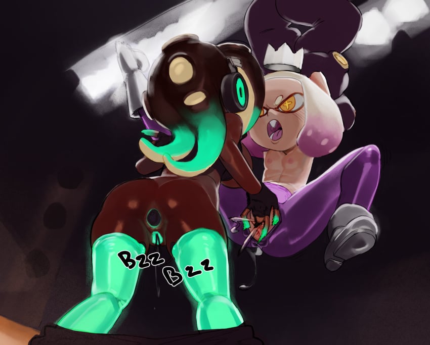 2girls anus areolae breasts cephalopod cephalopod_humanoid daijouvu dark-skinned_female dark_skin duo female female_only fingering flat_chest gloves green_pussy hair inkling marina_(splatoon) multiple_girls nipple_piercing nipples octoling pearl_(splatoon) pussy small_breasts splatoon splatoon_2 tentacle tentacle_hair video_games yellow_eyes yuri