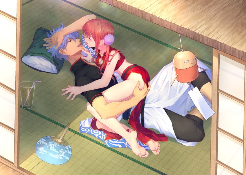 1boy 1girls aged_up ass_grab barefoot blush bun_cover chinese_clothes cleavage cleavage_cutout crop_top detailed_background eye_contact feet female full_body fully_clothed ginkamiaki gintama gintoki_sakata justaway kagura_(gintama) long_hair looking_at_another male official_alternate_costume on_back orange_hair shouji side_slit soles tatami tongue_out twintails uchiwa