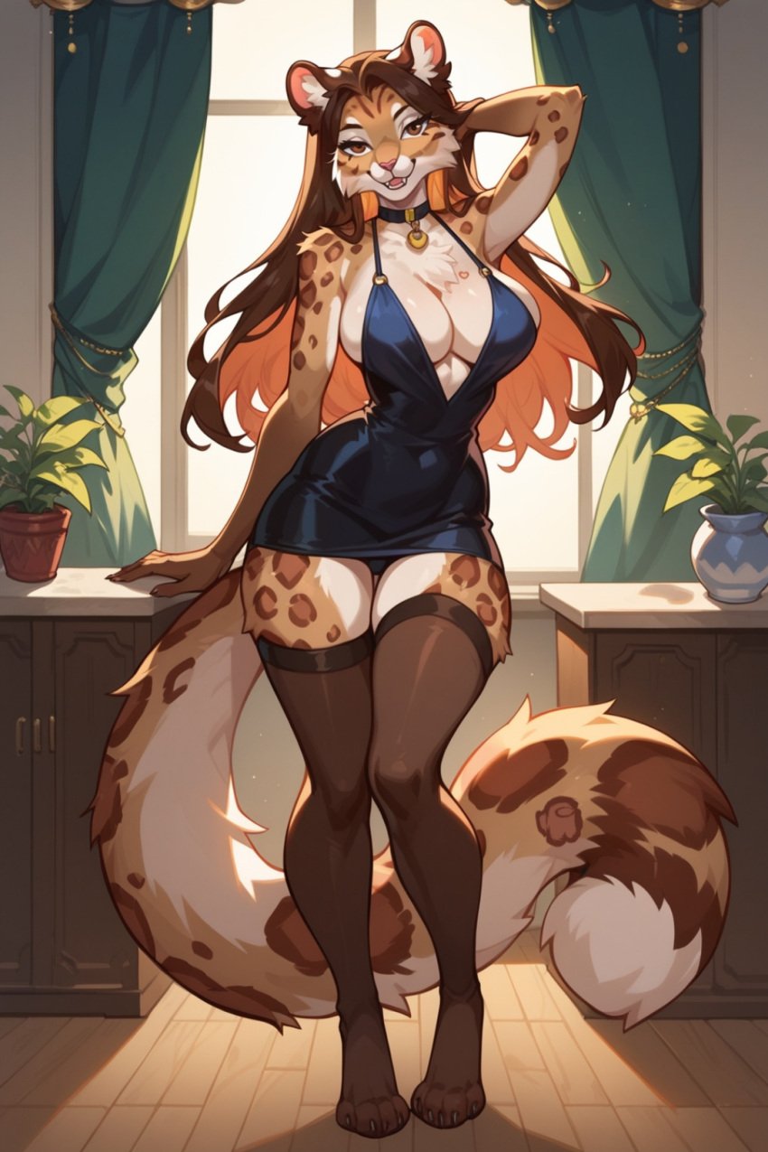 ai_generated among_us big_breasts brown_body brown_eyes brown_fur brown_hair elizabeth_mendoza felid feline female furry furry_female heart_symbol leopard long_hair long_socks seductive short_dress snow_leopard tail