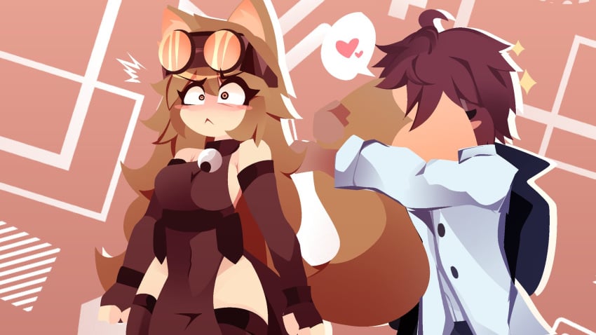 animal_ears animal_tail blushing breasts brown_eyes brown_hair cathie_(rivergravidade) goggles_on_head long_hair rivergravidade