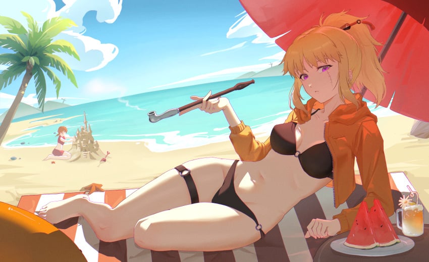 barefoot beach big_breasts bikini black_bikini blonde_hair cleavage curvy_figure detailed_background facial_scar female female_only full_body gintama hoodie hourglass_figure kagura_(gintama) kiseru looking_at_viewer official_alternate_costume outdoors pipe ponytail purple_eyes reclining scar scar_across_eye sirinix smoking smoking_pipe solo_focus sweatshirt swimsuit thigh_strap tsukuyo watermelon