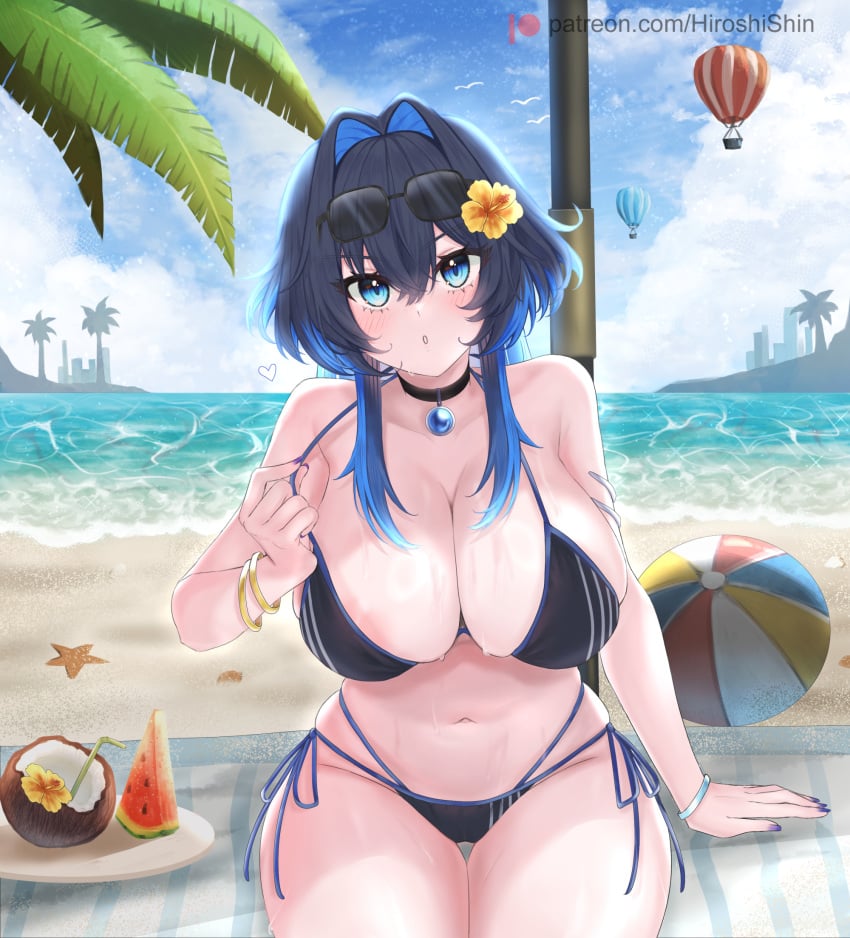 beach bikini blue_hair breasts choker cleavage hair_intakes hiroshin hololive huge_breasts looking_at_viewer ouro_kronii outdoors short_hair sitting sunglasses swimsuit swimsuit_pull thick_thighs thighs virtual_youtuber wide_hips