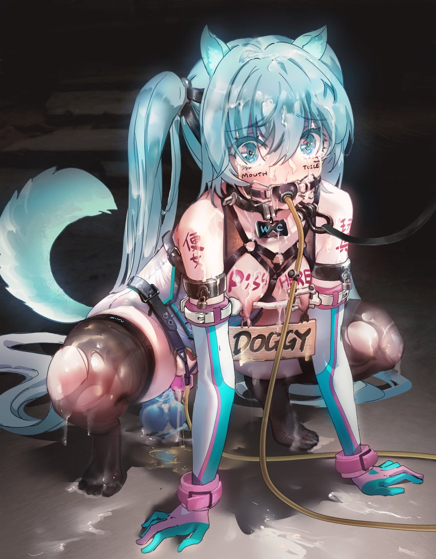 1girls ahoge anal anal_object_insertion animal_ears aqua_eyes aqua_hair ball_gag black_legwear body_writing bondage bound breasts collar cum cum_everywhere cum_on_body cum_on_breasts cum_on_upper_body dildo drinking_pee drinking_urine elbow_gloves exhibitionism eyebrows_visible_through_hair facial female female_only femsub gag gloves hatsune_miku highres kvpk5428 long_hair nipple_piercing nipples object_insertion peeing piercing pipelining revealing_clothes saliva skirt solo squatting tail tears thighhighs torn_clothes torn_legwear twintails uncensored urine urine_in_mouth vaginal_object_insertion vaginal_penetration very_long_hair vocaloid