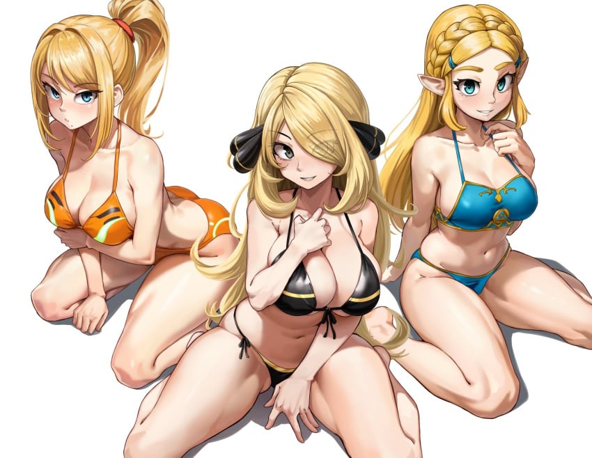 3girls bikini blonde_hair breath_of_the_wild cleavage company_connection crossover cynthia_(pokemon) elf_ears female_only femsub hair_covering_one_eye kneeling large_breasts laz_gm long_hair metroid multiple_girls multiple_subs navel nintendo pokemon pokemon_dppt ponytail princess_zelda samus_aran simple_background smile tagme the_legend_of_zelda very_long_hair white_background