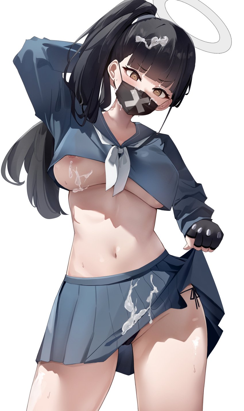 absurdres arm_behind_head black_gloves black_hair black_mask black_panties blue_archive blue_serafuku blue_shirt blue_skirt blunt_bangs blush breasts brown_eyes cameltoe clothes_lift contrapposto cowboy_shot cum cum_on_body cum_on_breasts cum_on_clothes cum_on_hair cum_on_mask delinquent donggua_bing_cha female fingerless_gloves gloves halo head_tilt highres large_breasts lifting_own_clothes long_hair long_sleeves looking_at_viewer mask miniskirt mouth_mask navel neckerchief nipple_slip nipples no_bra panties pleated_skirt revealing_clothes school_uniform serafuku shirt side-tie_panties side_ponytail simple_background skirt skirt_lift solo stomach string_panties sukeban sukeban_(smg)_(blue_archive) surgical_mask sweat thighs underboob underwear white_background white_halo white_neckerchief x_mark