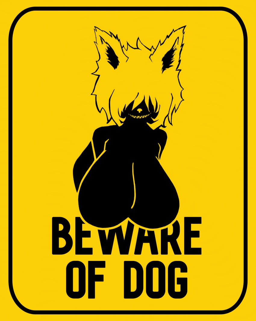 1girls big_breasts breasts breasts_out canine caution_sign crunchcap dog_ears dog_girl leaning_forward pictogram short_hair sign solo solo_female solo_focus warning_sign