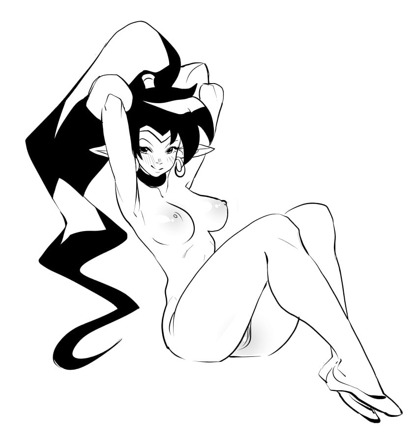 armpits arms_behind_head arms_up big_hair blush breasts choker clothing earrings female female female_only footwear greyscale high_heels hoop_earrings jewelry kukumomo large_breasts long_hair looking_at_viewer medium_breasts monochrome nipples nude pointed_ears ponytail shantae shantae_(character) shoes simple_background sitting smile solo tiara very_long_hair white_background