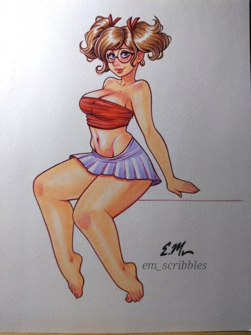 belly belly_button big_breasts big_thighs breasts brown_hair cleavage curvy curvy_body curvy_female curvy_figure em_scribbles feet freckles glasses lips lipstick pinup pinup_girls pinup_pose short_skirt shortstack skirt tagme thick_thighs thighs traditional_art traditional_media traditional_media_(artwork) twintails