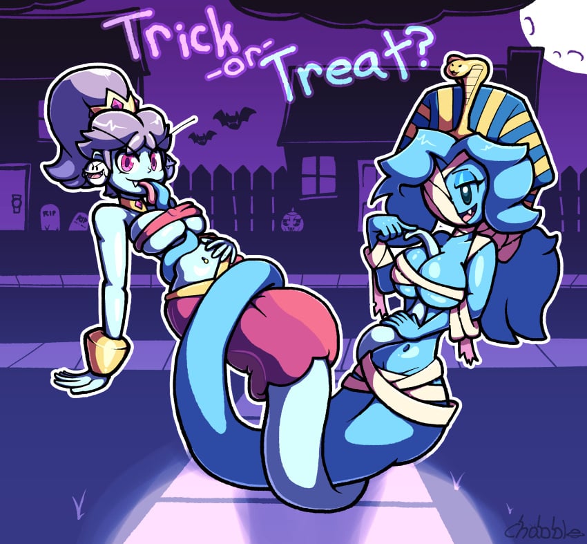 2girls belly_button belly_button_piercing belly_dancer_outfit blue_hair chabble floating ghost ghost_girl ghost_tail halloween halloween_costume harriet_(harry_amoros) lavander_hair mummy mummy_costume mummy_wrappings purple_hair red_eyes shantae_(cosplay) tongue tongue_out