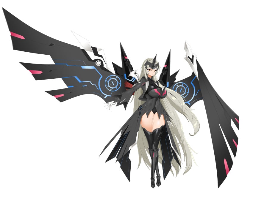 1girls alternate_breast_size big_breasts boots breasts cleavage code:_ultimate_(elsword) elsword era_(erasion) eve_(elsword) expressionless female female_only footwear full_body gloves jacket jpeg large_breasts leotard long_hair looking_at_viewer silver_hair skin_tight skindentation smh1069 solo thick_thighs thighhighs very_long_hair white_background wings yellow_eyes