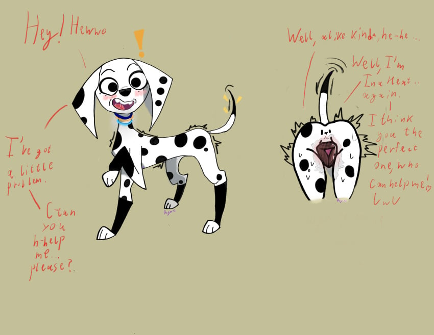 101_dalmatian_street 101_dalmatians absurd_res animal_genitalia animal_pussy bodily_fluids canid canine canine_genitalia canine_pussy canis comic dalmatian dialogue digital_media_(artwork) disney dolly_(101_dalmatians) domestic_dog duginiusart english_text female female_feral feral feral_only fur genital_fluids genitals hi_res in_heat looking_at_viewer mammal pussy solo solo_in_panel text vaginal_fluids wet white_body white_fur