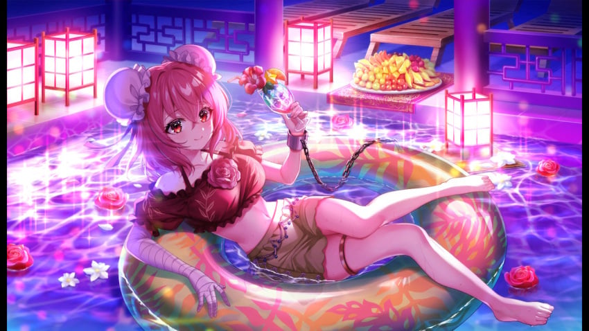 bandage bandaged_arm chained_wrists chains cup floatie flowers fruits grapes hair_bun juice kasen_ibaraki official_art pink_hair pool roses short_hair smoothie swimsuit tagme touhou touhou_danmaku_kagura water