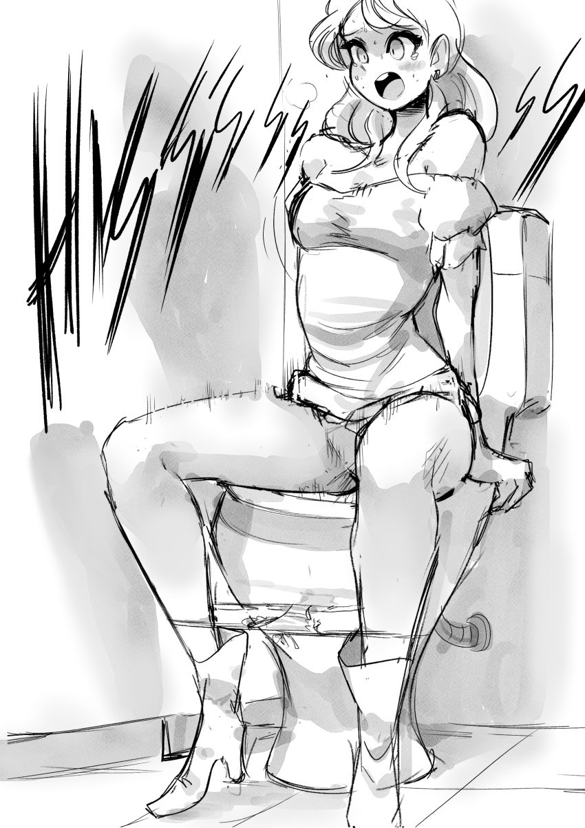 1girls biku boots bow bow_panties breasts dress dress_lift earrings open_mouth original original_character panties panty_pull peeing sitting solo solo_female solo_focus sweat toilet toilet_use underwear