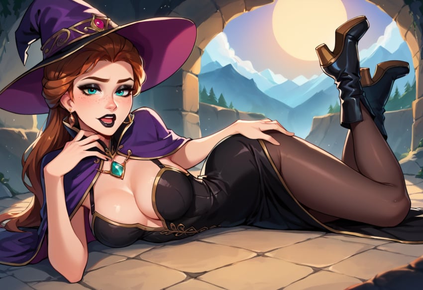 ai_generated anna_(frozen) black_boots black_dress black_pantyhose cleavage come_hither disney lying_on_side makeup on_side round_breasts seductive seductive_look seductive_pose sexy_pose stable_diffusion witch_hat