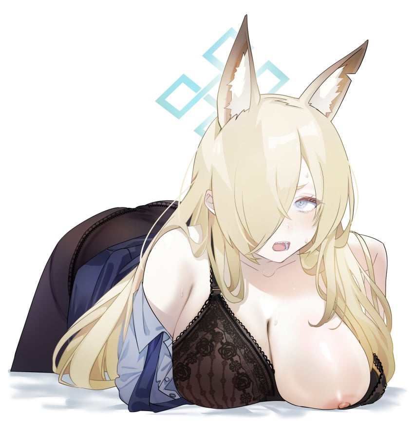 absurdres animal_ear_fluff animal_ears bare_shoulders bent_over black_bra black_panties black_pantyhose blonde_hair blue_archive blue_eyes blue_shirt blush bra breasts cleavage female hair_over_one_eye highres kanna_(blue_archive) lace lace-trimmed_bra lace_trim large_breasts long_hair looking_at_viewer nipples one_breast_out open_mouth panties panties_under_pantyhose pantyhose shirt simple_background solo sweat underwear white_background yanyo_(ogino_atsuki)