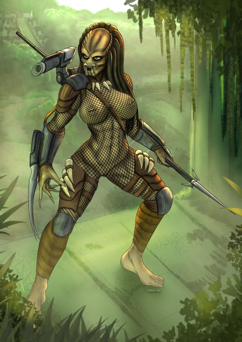 1girls alien alien_girl alien_humanoid alien_only almost_naked athletic athletic_female big_breasts breasts curvy curvy_body curvy_female curvy_figure detailed_background female female_focus female_only female_yautja fishnet_clothing fishnets functionally_nude functionally_nude_female holding_object holding_spear holding_weapon jungle long_fingernails looking_away mask masked masked_female muscular muscular_female no_bra no_humans no_panties no_pants no_shoes no_underwear nude pierced_nipples piercing piercings predator_(franchise) slim_waist solo solo_female solo_focus spear thick_thighs toned toned_body toned_female tribal unop warrior weapon wide_hips yautja