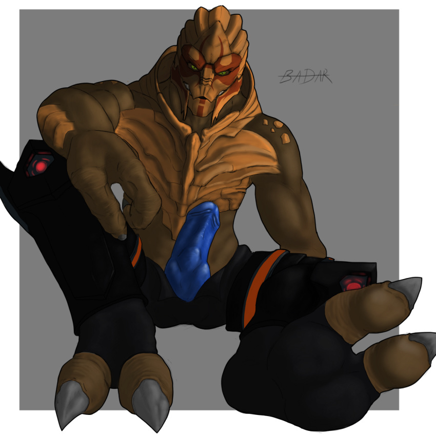 1:1 2_toes alien anthroraptor armor blue_penis clothed clothing erection feet hi_res looking_at_viewer male male_only mass_effect muscular muscular_male nude partially_clothed penis sitting solo toes topless turian video_games