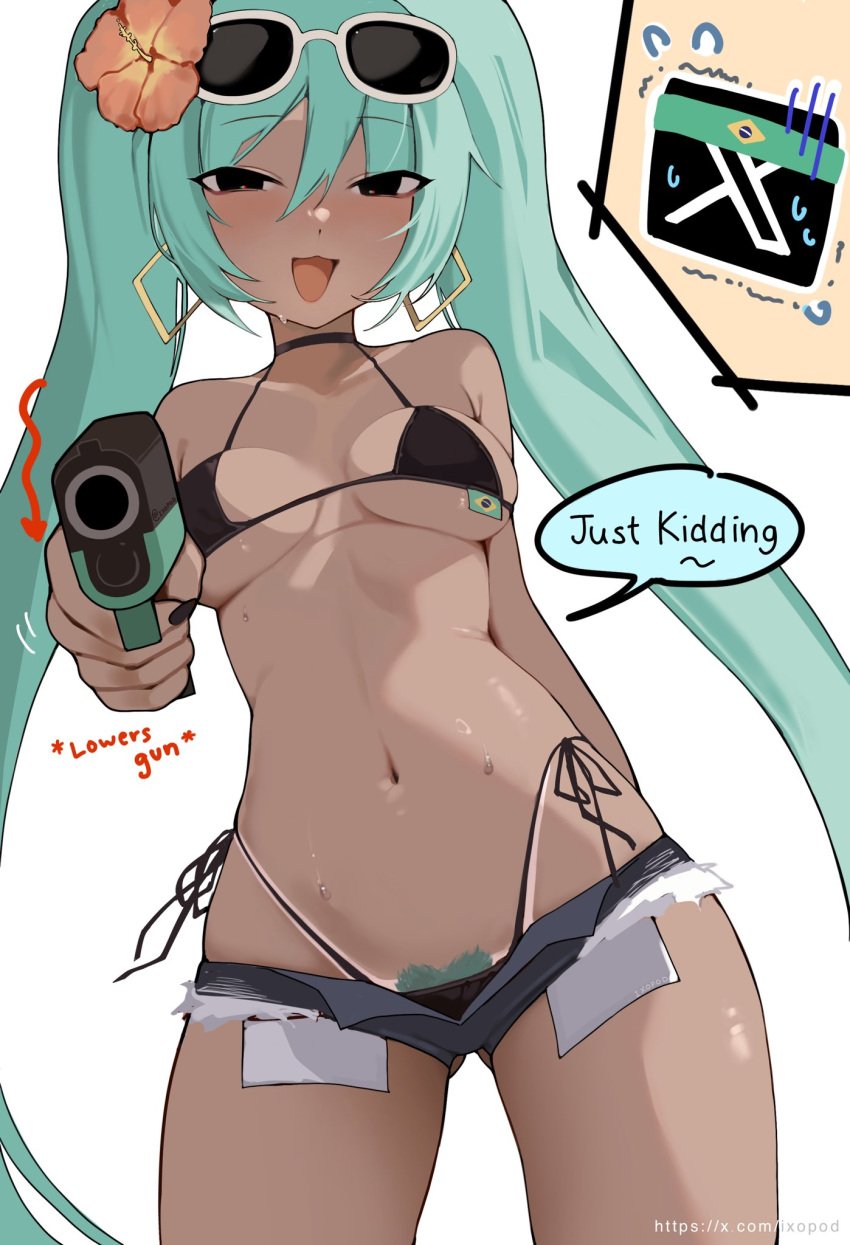 belly_button bikini bikini_bottom bikini_top blue_hair brazilian_miku choker earrings flower flower_in_hair gun hair hatsune_miku heart-shaped_pubic_hair long_hair navel pubes pubic_hair shades short_shorts shorts sunglasses sunglasses_on_head sweat swimsuit tanline tanlines tanned tanned_female tanned_girl tanned_skin thong twintails very_long_hair vocaloid